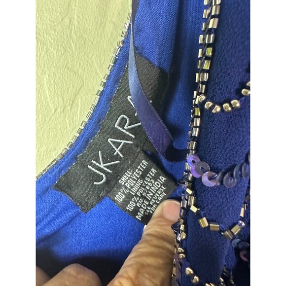NWT J Kara Women's V-Neck 3/4 Sleeve Scalloped Beaded Mock Dress, Royal/Multi, 4 - Picture 4 of 8